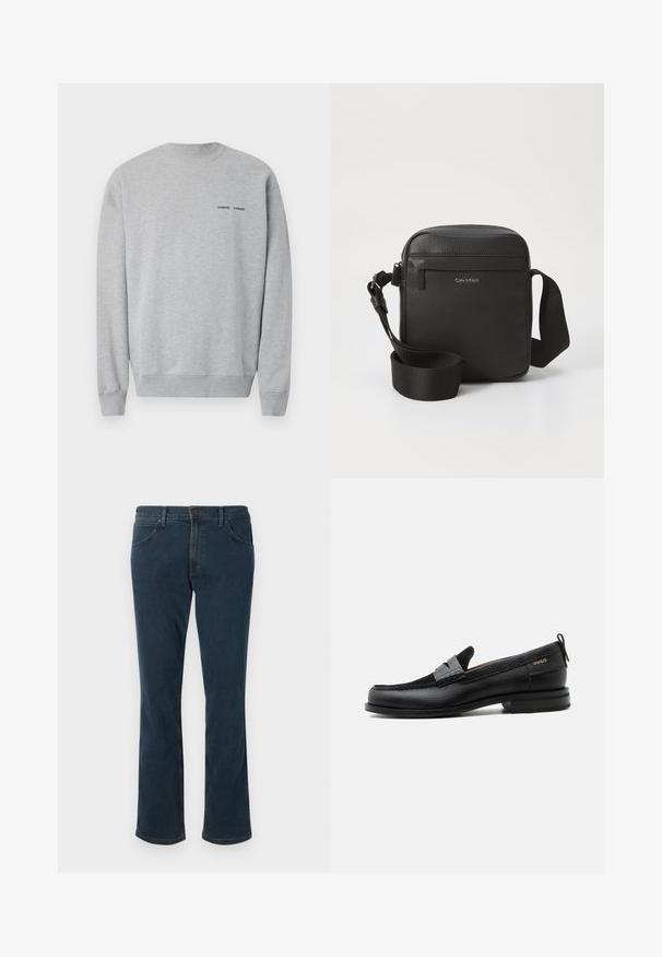 Sweatshirt gris en mélange de coton, avec un col et des poignets côtelés. Petit logo noir sur la poitrine. Texture lisse et coupe décontractée.; Jean bleu foncé évasé en denim, avec une taille à fermeture par bouton, quatre poches et une finition texturée.; Mocassin en cuir noir avec détail de bride grise, talon bas et semelle texturée, marqué "HUGO" en or sur le côté.; Sac bandoulière en cuir noir avec une finition texturée, doté d'une poche zippée à l'avant et d'une sangle en tissu ajustable. Logo de la marque visible.
