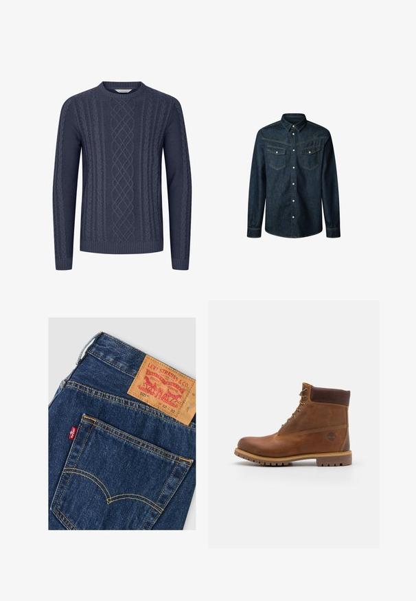 Navyblauwe gebreide trui met getextureerde kabelpatronen, ronde halslijn en geribbelde manchetten en onderkant. Gemaakt van zacht, duurzaam materiaal.; Donkerblauwe denim overhemden met lange mouwen, puntkraag, twee voorzakken, witte knopen en contrasterende gele stiksels.; Donkerblauwe denim Levi's jeans met zichtbare achterzak, gele stiksels, rood Levi's-label en een bruine leren merklabel met maatdetails.; Bruine leren wandelschoen met een gladde afwerking, gevoerde enkel, metalen oogjes en een rubberen zool met een robuust profiel.
