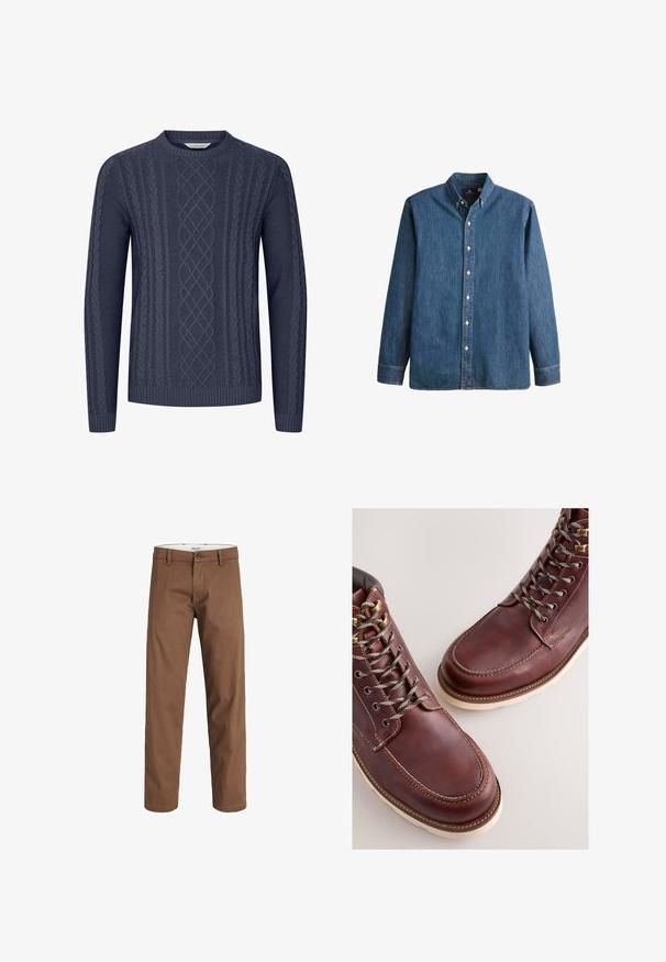 Suéter de punto azul marino con patrones de cable texturizados, cuello redondo y puños y dobladillo acanalados. Fabricado en un tejido suave y duradero.; Camisa de mezclilla de botón en azul medio, con mangas largas, collar puntiagudo, botones blancos y un corte ajustado con un sutil bordado de logo.; Pantalones marrones de pierna recta con cierre de botón y cremallera, trabillas para cinturón y bolsillos delanteros, mostrados sobre un fondo blanco.; Botas de cuero marrón con un acabado suave, con ojales metálicos, cordones grises y suela de goma color crema. Detalle de costuras a lo largo de los bordes.