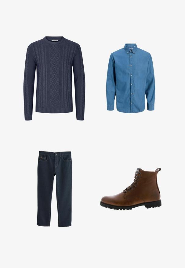 Pull en maille bleu marine avec des motifs de torsade texturés, col rond et poignets et ourlet côtelés. Fabriqué en tissu doux et durable.; Chemise bleue à manches longues en denim, avec un col. Texture unie avec des boutons visibles sur le devant.; Jean en denim bleu foncé avec une coupe droite, doté de poches avant et de détails de couture subtils. Texture lisse, style classique.; Bottines en cuir marron avec une finition texturée, œillets en métal et semelle en caoutchouc noir à crampons. Comprend une languette à l'arrière pour un enfilage facile.