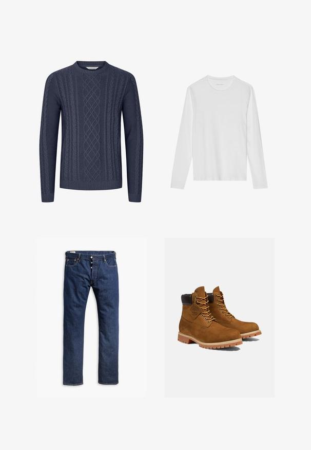 Mørkeblå strikket sweater med teksturerede kabelmønstre, rund halsudskæring og ribbekanter ved ærmerne og nederste kant. Fremstillet af blødt og holdbart stof.; Langærmet hvid T-shirt lavet af blød bomuld, med rund halsudskæring og en glat tekstur uden synlige mønstre eller accenter.; Mørkeblå denim jeans med lige ben, kontrastsyninger, knappelukning og fem lomme-stil.; Brune ruskinds ankelstøvler med en polstret sort krave, gyldne snørehuller og en tyk gummisål med en mønster, der giver godt greb.