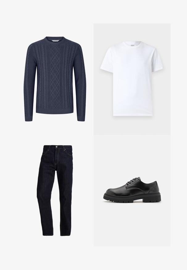 Navyblauwe gebreide trui met getextureerde kabelpatronen, ronde halslijn en geribbelde manchetten en onderkant. Gemaakt van zacht, duurzaam materiaal.; Witte katoenen T-shirt met ronde halslijn en korte mouwen. Eenvoudig ontwerp zonder patronen of graphics, met GAP-merk op de kraag.; Donkerblauwe spijkerbroek met een rechte pasvorm, voorzien van gele stiksels, vijf zakken en een klassieke knoop- en ritsluiting.; Zwarte leren schoenen met een ronde neus, vetersluiting en een dikke, gestructureerde rubberen zool. Kenmerken zijn stiksels langs de rand en een gladde afwerking.