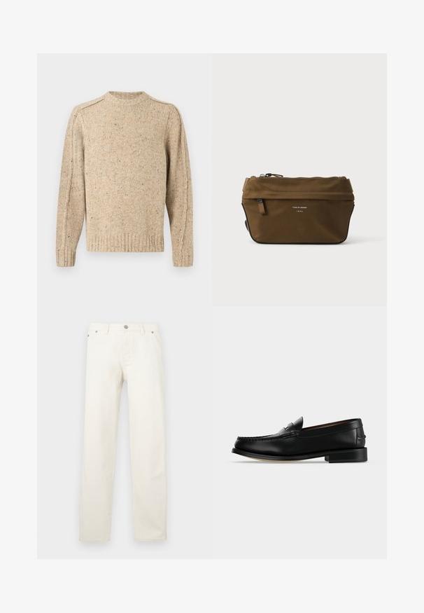 Beige knitted sweater with subtle multicolor speckles, long sleeves, ribbed cuffs, hem, and crew neckline.; White straight-leg jeans made of denim, featuring a button fly, belt loops, and five pockets. The fabric has a smooth texture.; Black leather men's loafer with a low heel and moccasin-style stitching on the toe, shown from the side on a plain background.; Brown rectangular zippered pouch with small front pocket and "Tiger of Sweden 1903" text on front.