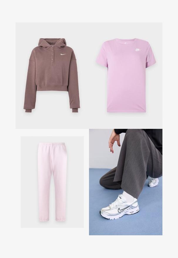 Hanorac crop mov cu mâneci lungi, fante cu nasturi, manșete și tiv striate, și logo-ul alb Nike Swoosh pe piept.; Tricou scurt cu mâneci Nike de culoare lila, cu logo-ul alb Nike pe partea superioară stângă a pieptului, guler rotund și fundal din material simplu.; Pantaloni de trening roz deschis cu talie elastică și mansete la glezne, prezentați întinși pe un fundal alb.; Pantofi sport albi și argintii, confecționați din materiale tip plasă și sintetice, având linii de accent negru, șireturi și tălpi texturate.