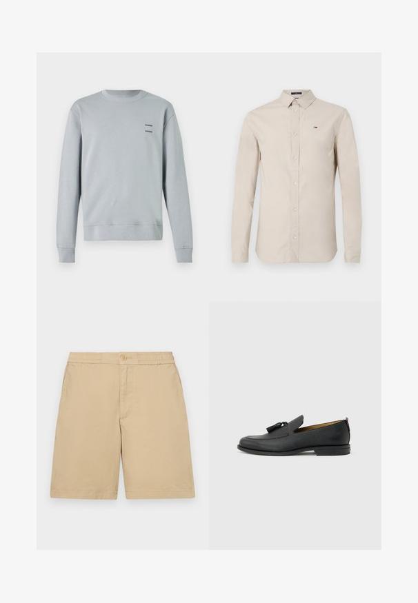 Helles grau Sweatshirt aus weichem Material, mit runder Ausschnitt, gerippten Bündchen und Saum, sowie zwei schwarzen "SAMSØE" Logos auf der Brust.; Beige Langarmhemd aus Baumwollstoff mit Kragen und kleiner Logo-Stickerei auf der linken Brust. Transparente Knöpfe.; Beige Baumwollshorts mit regulärer Passform, elastischem Bund, Knopfverschluss und Seitentaschen. Glatte Textur, knielanges Design.; Schwarzer Herrenschuh aus Leder mit Quasten, runder Spitze, niedrigem Absatz und Zuglasche auf der Rückseite, seitlich auf hellem grauem Hintergrund dargestellt.