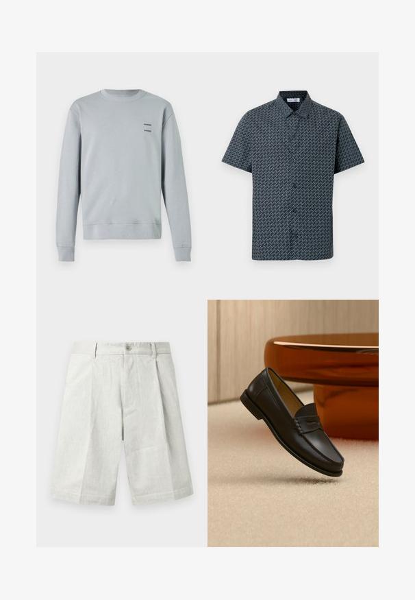 Helles grau Sweatshirt aus weichem Material, mit runder Ausschnitt, gerippten Bündchen und Saum, sowie zwei schwarzen "SAMSØE" Logos auf der Brust.; Kurzarmhemd in Marineblau mit einem weißen Zickzackmuster. Verfügt über einen klassischen Kragen und eine vordere Knopfleiste. Glatte Stoffstruktur.; Hellgraue Shorts aus strukturiertem Stoff, mit einem Knopfverschluss, Falten und einem geraden Schnitt, geeignet für legere Trageanlässe.; Schwarzer Leder-Loafer, der über einem hellbeigen Teppich schwebt, mit bernsteinfarbenen modernen Möbeln im Hintergrund.