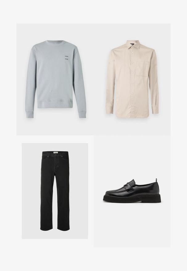 Helles grau Sweatshirt aus weichem Material, mit runder Ausschnitt, gerippten Bündchen und Saum, sowie zwei schwarzen "SAMSØE" Logos auf der Brust.; Helle beigefarbene Langarmbluse aus glattem Baumwollstoff, mit Kragen, Brusttasche und durchgehender Knopfleiste.; Schwarze Denim-Jeans im Straight-Leg-Schnitt verfügen über ein klassisches Fünf-Taschen-Design mit Knopfverschluss, minimaler Naht und einer weichen Textur.; Schwarze Leder Slipper mit flacher, strukturiertem Sohlen, mit einer gestickten Zehenpartie und einem Riemen über dem Spann.