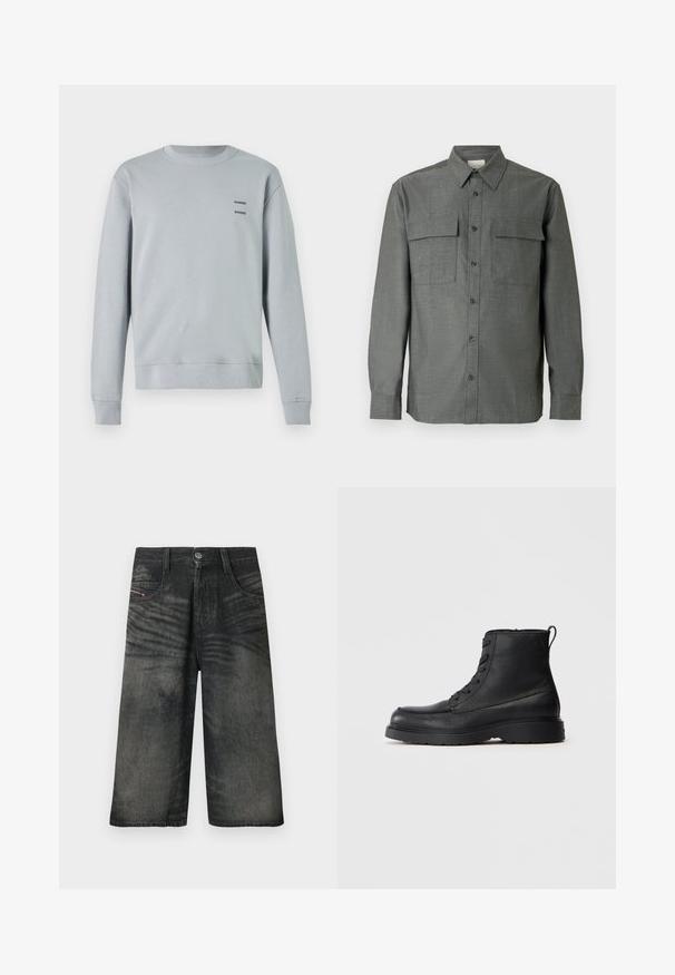 Helles grau Sweatshirt aus weichem Material, mit runder Ausschnitt, gerippten Bündchen und Saum, sowie zwei schwarzen "SAMSØE" Logos auf der Brust.; Graues Hemd mit Knopfleiste, strukturiertem Kragen, zwei Brusttaschen und langen Ärmeln mit geknöpften Manschetten; strukturierte Stoffoberfläche.; Schwarze Denim-Shorts mit weitem Bein, vorne mit Knöpfen, Reißverschluss, Gürtelschlaufen und verblassten Designdetails.; Schwarze strukturierte Leder-Schnürstiefelette mit dicker Sohle und Zuglasche hinten, Seitenansicht.