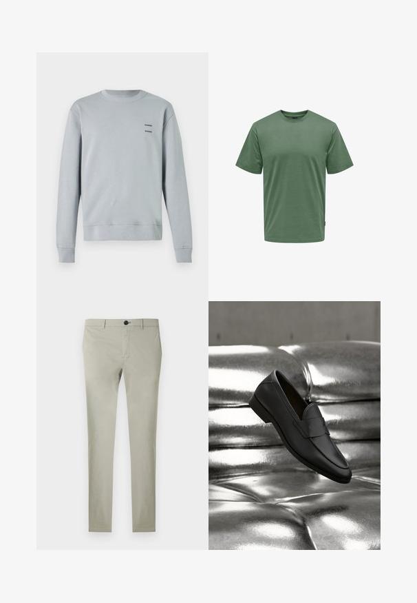 Helles grau Sweatshirt aus weichem Material, mit runder Ausschnitt, gerippten Bündchen und Saum, sowie zwei schwarzen "SAMSØE" Logos auf der Brust.; Einfaches grünes T-Shirt mit kurzen Ärmeln und Rundhalsausschnitt in regulärer Passform, auf weißem Hintergrund dargestellt.; Hellgraue Chinos aus Baumwolle mit glatter Textur, geradem Bein, Knopfverschluss und Vordertaschen.; Schwarzer Leder-Slipper, der über einem glänzenden silbernen, gesteppten Ledersofa in einem neutralen Ambiente schwebt.