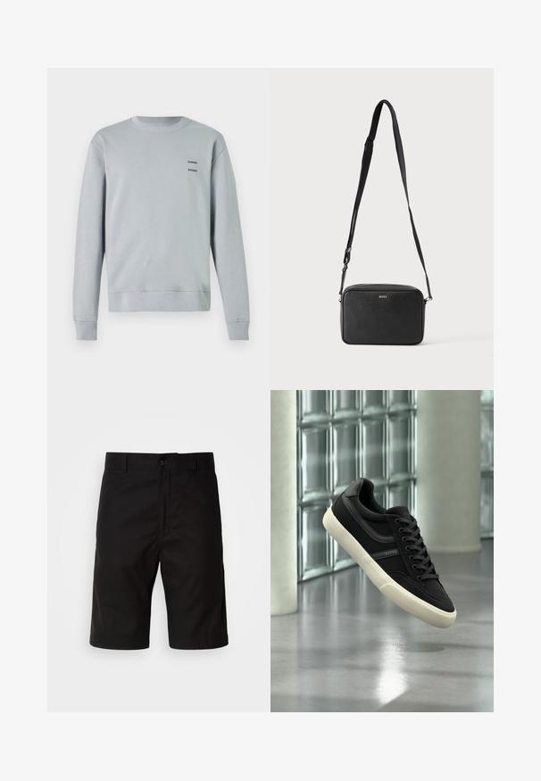 Lichtgrijze sweatshirt gemaakt van zachte stof, met een ronde halslijn, ribgebreide manchetten en zoom, voorzien van twee zwarte "SAMSØE" logo's op de borst.; Zwarte shorts van stevige stof, met een rechte snit, knoopsluiting en een gladde textuur zonder zichtbare patronen.; Zwarte lage sneaker met witte zool en veters, merk "BOSS", zwevend binnenshuis nabij glasblokkenramen en betonnen zuilen.; Zwarte rechthoekige crossbodytas met verstelbare band en BOSS-logo aan de voorkant, tegen een effen lichte achtergrond.