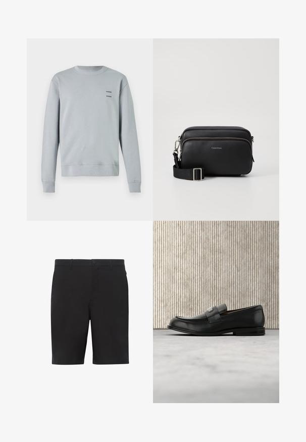 Lichtgrijze sweatshirt gemaakt van zachte stof, met een ronde halslijn, ribgebreide manchetten en zoom, voorzien van twee zwarte "SAMSØE" logo's op de borst.; Zwarte shorts gemaakt van lichtgewicht stof, met een vlakke voorkant, standaard tailleband en zijzakken. Soepele textuur zonder zichtbare patronen.; Zwarte leren loafer met een metalen merktekenplaatje, rustend bij een bruine ronde tafel op een beige tapijtvloer.; Zwarte leren schoudertas met twee ritscompartimenten, gestructureerd afwerking, verstelbare schouderband en zilveren hardware-accenten. Calvin Klein-logo zichtbaar.