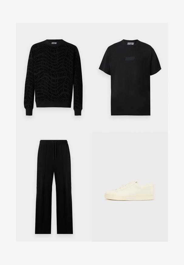 Sort sweatshirt med et tekstureret mønster, der præsenterer gentagne branding. Lange ærmer, rund halsudskæring og ribbede manchetter og nederkant.; Sort kortærmet T-shirt med rund hals og diskret sort prægning af Versace Jeans Couture-logo på brystet.; Sorte bukser med lige ben, elastisk talje og snøre, med lodrette sømdetaljer på forsiden.; Sneaker i cremefarve med en glat læderoverdel, rundet tå, snørelukning foran og en tekstureret gummisål. Minimalistisk design uden logoer.