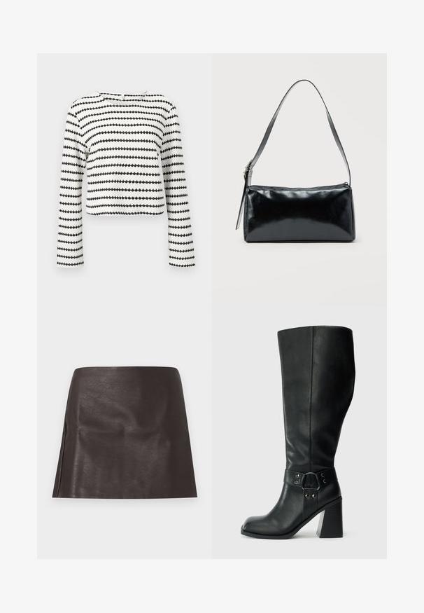 Top court blanc à manches longues avec des rayures zigzag horizontales noires et tissu texturé, avec un col rond.; Jupe mini courte en similicuir marron foncé avec une coupe droite et des plis subtils, présentée sur un fond blanc uni.; Bottes en cuir noires arrivant au genou, avec un bout carré, un large talon et une sangle décorative avec des accents métalliques autour de la cheville. Texture lisse.; Sac d'épaule rectangulaire noir avec une sangle réglable unique et une fermeture éclair supérieure sur un fond uni.