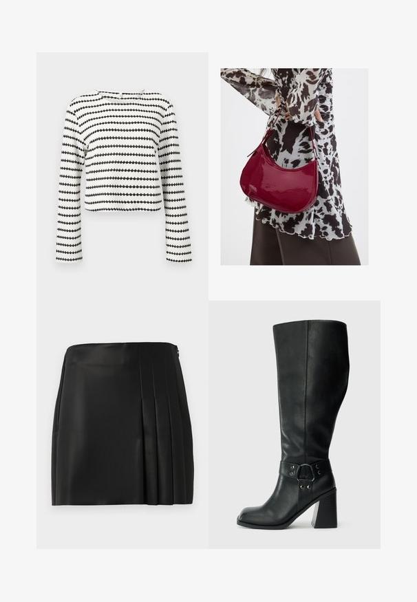 Top court blanc à manches longues avec des rayures zigzag horizontales noires et tissu texturé, avec un col rond.; Jupe mini en faux cuir noir avec un devant lisse et des plis sur le côté droit, équipée d'une fermeture éclair au dos.; Bottes en cuir noires arrivant au genou, avec un bout carré, un large talon et une sangle décorative avec des accents métalliques autour de la cheville. Texture lisse.; Femme portant un chemisier à motif noir et blanc tenant un sac à main rouge brillant sur un fond uni.