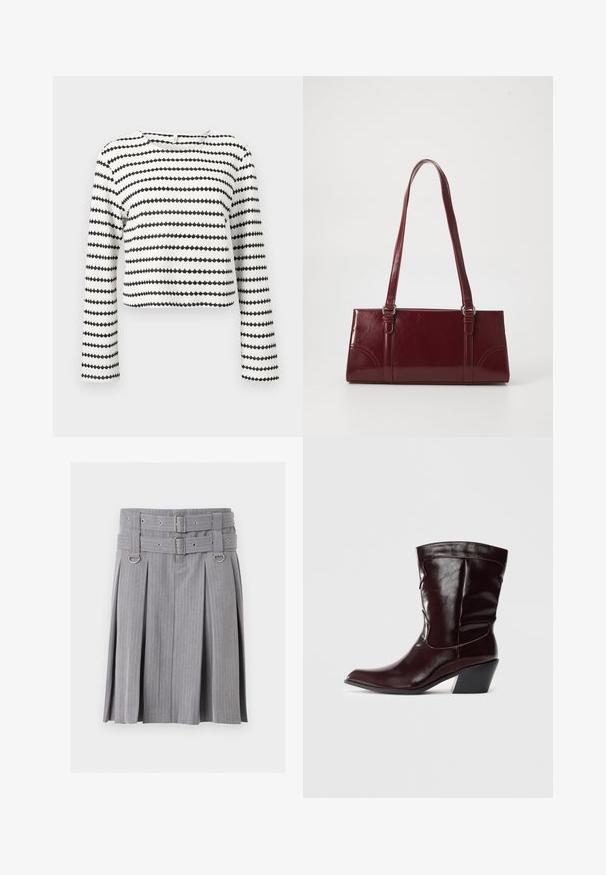 Top court blanc à manches longues avec des rayures zigzag horizontales noires et tissu texturé, avec un col rond.; Jupe plissée grise à fines rayures avec double ceinture et détails de boucles argentées, présentant des accents anneaux en D à la taille.; Bottines en cuir bourgogne avec un bout pointu, une surface texturée et un petit talon effilé. Présente une couture discrète et un ajustement confortable.; Sac à main bordeaux en matériau brillant, de forme rectangulaire, avec deux anses et des accents légèrement courbés à l'avant.