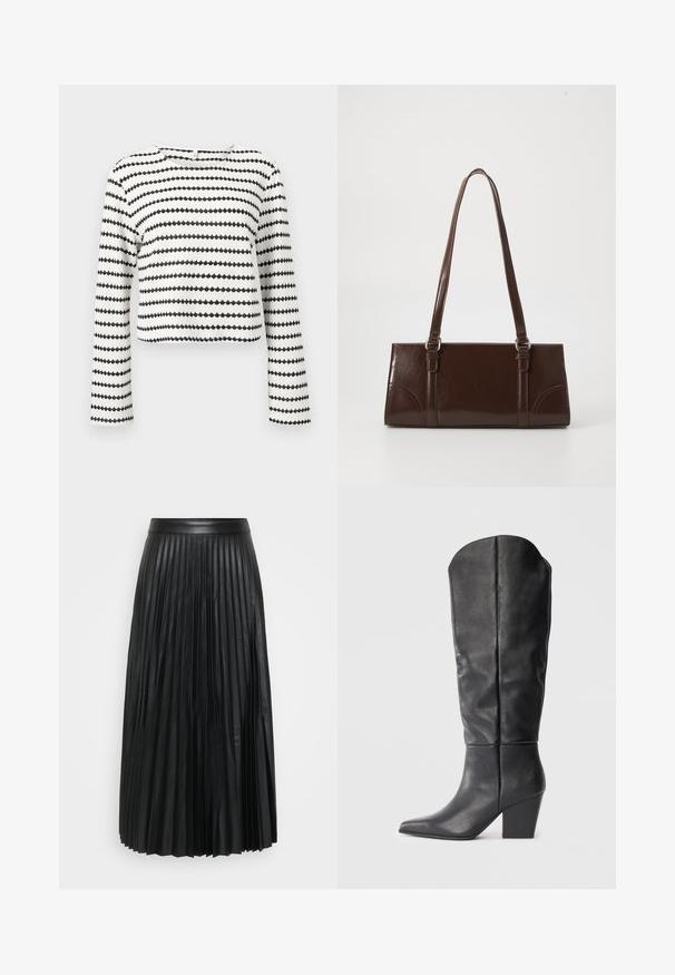 Top court blanc à manches longues avec des rayures zigzag horizontales noires et tissu texturé, avec un col rond.; Jupe plissée noire en simili cuir, avec des plis verticaux, une ceinture lisse et une longueur au sol.; Bottes noires en cuir, montant jusqu'au genou, avec un bout pointu et un talon épais. Le design présente une texture lisse et des lignes minimalistes.; Sac à main en cuir verni marron de forme rectangulaire, avec deux longues poignées et des accents courbés subtils à l'avant.