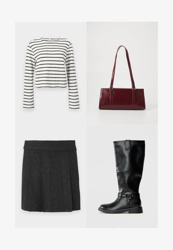 Top court blanc à manches longues avec des rayures zigzag horizontales noires et tissu texturé, avec un col rond.; Jupe noire plissée en tissu texturé. Ceinture mi-haute avec des lignes épurées. Coupe classique adaptée à diverses occasions.; Bottes noires montantes en matériau synthétique lisse, avec un tige large, une accent en boucle en métal, et une semelle plate basse.; Sac à main bordeaux en matériau brillant, de forme rectangulaire, avec deux anses et des accents légèrement courbés à l'avant.