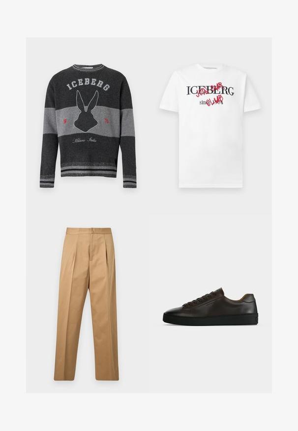 Dark gray and light gray striped sweater with a black rabbit silhouette, "ICEBERG" text, and "Milano Italia" embroidered on front.; White short-sleeve T-shirt with "ICEBERG since 1974" in black and "JOIN OUR CLUB" stamped in red over the text.; Beige straight-leg trousers with front pleats, waistband, and concealed front closure, displayed on a plain light gray background.; Low-profile dark brown leather sneaker with black rubber sole, lace-up front, and smooth minimalist design on a light background.