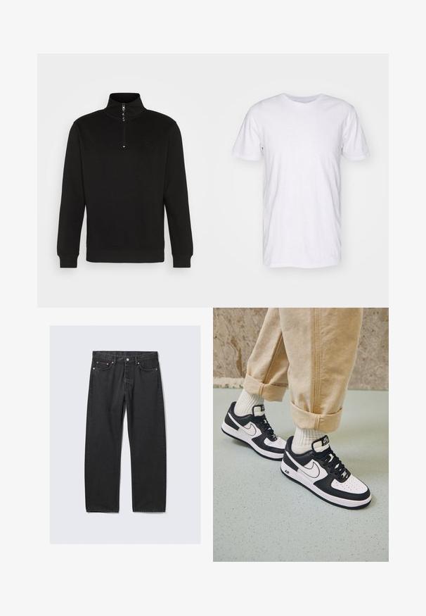Sweatshirt noir à col zippé, avec un col haut, des poignets côtelés et un logo discret, fabriqué à partir d'un tissu doux et texturé.; Selected SLHASPEN SLUB TEE - T-shirt basique - bright white; Jean noir droit avec cinq poches et une fermeture bouton à la taille, posé à plat sur un fond clair.; Baskets Nike Air Force 1 en noir et blanc avec un dessus en cuir, orteil perforé et détail de semelle texturée, portées avec un pantalon beige retroussé et des chaussettes blanches.
