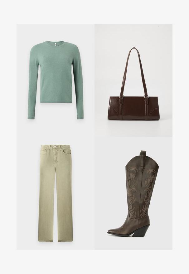 Pull vert à manches longues en tissu tricoté. Présente un col rond, des poignets et un ourlet côtelés. Texture lisse avec une couleur unie.; Jean beige à jambe droite avec poches avant et arrière, fermeture par bouton et zip, présenté sur un fond blanc.; Botte de cowboy en cuir marron avec un embout pointu, un talon compensé et des broderies décoratives. Dispose d'un long tige et d'une languette de tirage.; Sac à main en cuir verni marron de forme rectangulaire, avec deux longues poignées et des accents courbés subtils à l'avant.