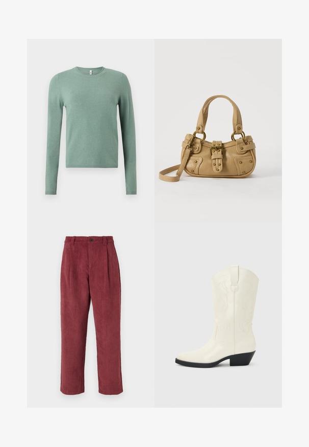 Pull vert à manches longues en tissu tricoté. Présente un col rond, des poignets et un ourlet côtelés. Texture lisse avec une couleur unie.; Pantalons en velours côtelé de couleur bordeaux, avec une coupe droite, des plis à l'avant et une fermeture à un bouton. Texture douce.; Botte blanche de style western mi-mollet avec bout pointu, talon empilé noir, coutures décoratives et languette de tirage sur la tige.; Sac à main en cuir beige avec double poignées, boucle en laiton et détails rivetés, ainsi qu'une bandoulière réglable sur fond blanc.