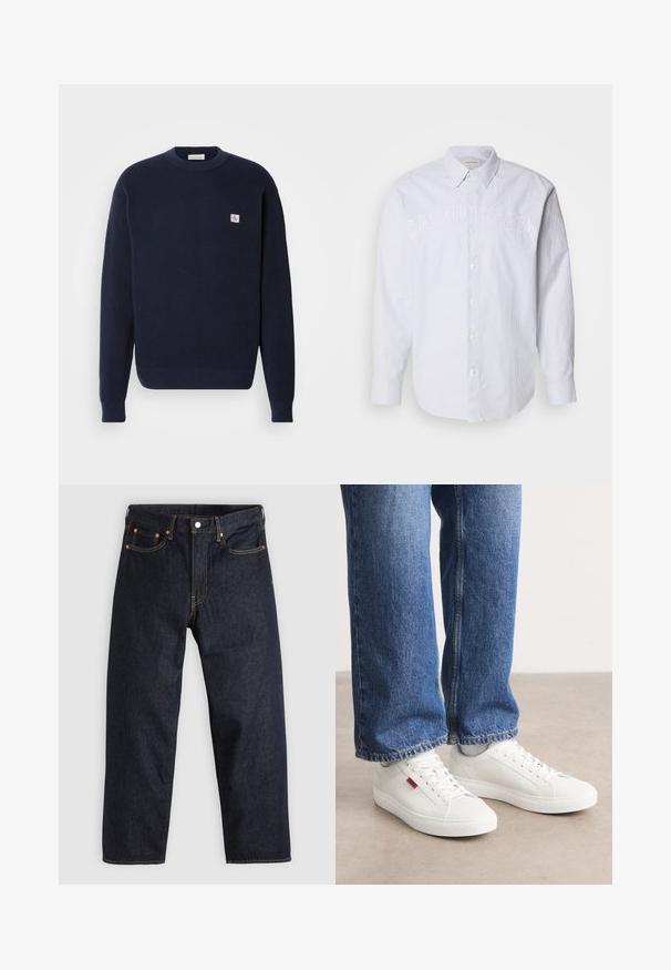 Pull en tricot bleu marine avec une texture côtelée, col rond et patch logo sur la poitrine gauche. Poignets et ourlet ajustés.; Chemise blanche à manches longues en lin avec des rayures verticales bleues, dotée d'un bouton sur le devant et du logo « CALVIN KLEIN » en relief sur la poitrine.; Jean en denim bleu foncé avec une coupe droite, cinq poches, des coutures orange contrastantes et une fermeture à boutons. Pas de motifs ou d'ornements visibles.; Baskets blanches avec une surface lisse, un bout rond et une semelle plate. Accompagnées d'un jean en denim bleu avec une coupe droite et des coutures visibles.