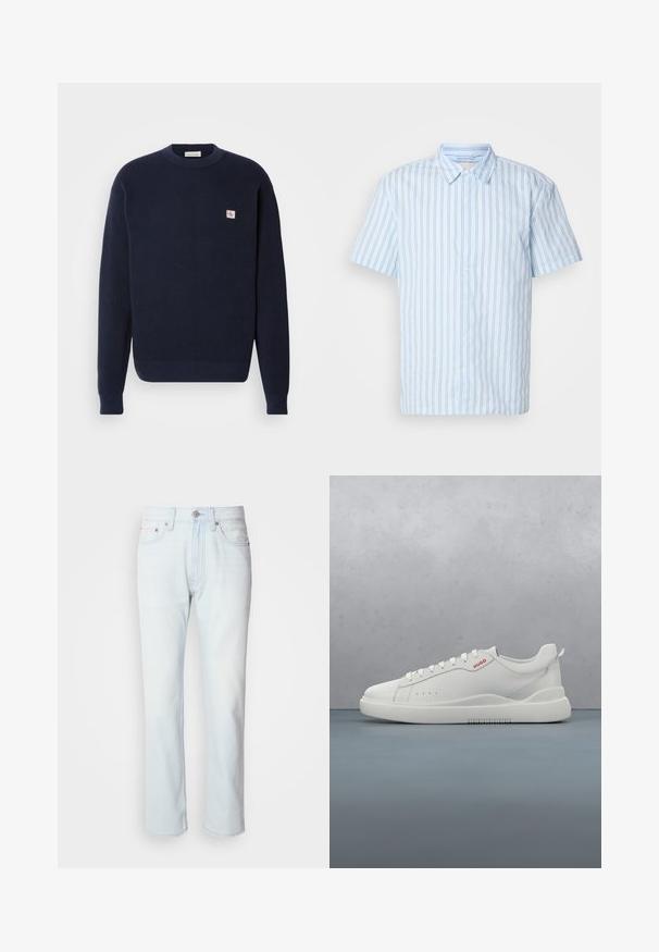 Pull en tricot bleu marine avec une texture côtelée, col rond et patch logo sur la poitrine gauche. Poignets et ourlet ajustés.; Chemise à manches courtes en tissu bleu clair avec des rayures verticales. Elle possède un col pointu et des boutons blancs sur le devant.; Jean en denim bleu clair avec une coupe droite. Présente une fermeture à bouton et des passants de ceinture, mettant en valeur une texture décolorée et des coutures minimalistes.; Sneaker blanche avec une finition en cuir lisse, bout rond, quatre œillets, perforations subtiles et un détail de logo rouge sur le côté.