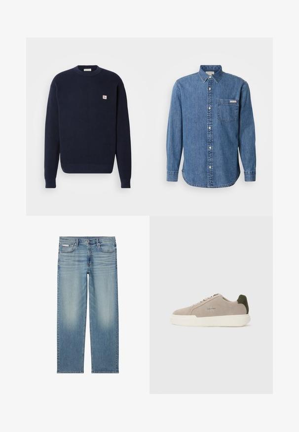 Marineblauwe gebreide trui met een ribbelstructuur, ronde halslijn en een logopatch op de linkerkant van de borst. Aansluitende boorden en onderrand.; Denim overhemd in medium blauw met een button-down kraag, lange mouwen, een borstzak en witte knopen. Heeft een licht afgeronde zoom.; Lichtblauwe recht gesneden spijkerbroek met vervaagde details, voorste knoop en rits, en een ontwerp met vijf zakken inclusief een klein Calvin Klein-label op de zak.; Beige suède sneakers met een witte rubberen zool, voorzien van een donkergroene hielaccent en subtiele branding aan de zijkant.