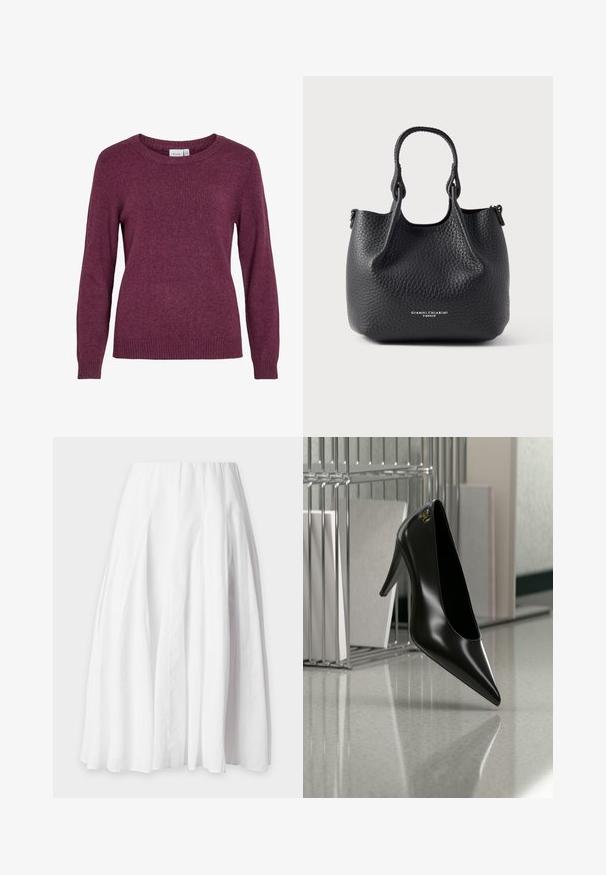 Bordeaux gebreide sweater met een ronde halslijn, lange mouwen, ribgebreide manchetten en zoom. Zachte textuur met een subtiele, licht gemêleerde uitstraling.; Witte A-lijn rok tot op de knie met verticale naden en een gladde tailleband.; Zwart hooggehakt schoen met puntige neus en gouden logo, geplaatst op een reflecterend oppervlak naast een verchroomde draadordner met documenten.; Zwarte leren handtas met korrelige textuur, afgeronde vorm, twee korte handvatten, zilverkleurige hardware en een geperst logo aan de voorkant.