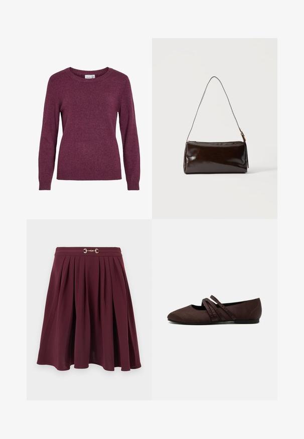 Burgundy neulepaita, jossa on pyöreä pääntie, pitkät hihat, ribatut hihansuut ja helma. Pehmeä rakenne, jossa on hillitty, hieman heather-tyylinen ilme.; Viininpunainen laskostettu A-linjainen hame, jossa on kultainen metallinen hevossolki vyötäröllä, esitetty yksinkertaista vaaleaa taustaa vasten.; Ruskea matala kenkä, jossa on terävä kärki ja kaksi ohutta ristikkäistä hihnaa jalkapöydän päällä, näkyvät ompelusaumat ja matala korko.; Tummanruskea suorakaiteen muotoinen nahkainen olkalaukku, jossa on yksittäinen ohut hihna ja kullanvärinen solki yksivärisellä taustalla.