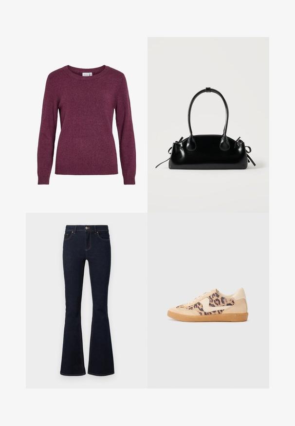 Bordeaux striktrøje med rund halsudskæring, lange ærmer, ribbestrikkede manchetter og nederste kant. Blødt tekstur med et understated, let meleret look.; Mørkeblå bukser i flared denim med en tætsiddende talje, klassisk fem-lomme design og kontrastsygning langs sømmene.; Leopardprint sneakers med beige ruskindsoverdel, tan gummisål og hvide detaljer. Rund pegefinger og snørebåndsdesign med en tekstureret finish.; Lille sort blank håndtaske med to lange håndtag og snøre-detaljer i siden på en ensfarvet lys baggrund.