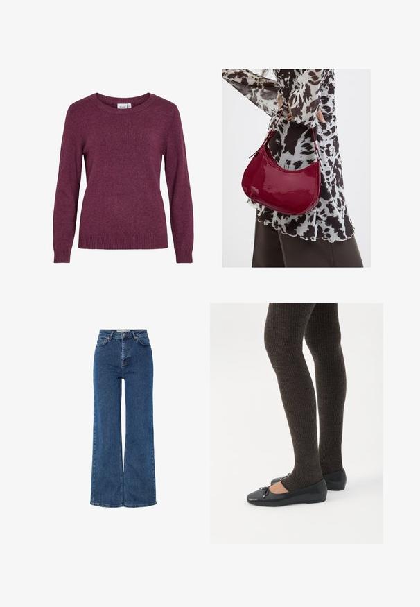 Burgundia kootud sviiter ümarate kaelustega, pikkade varrukatega, soonikute ja äärega. Pehme tekstuur, millel on peen, veidi heledad jooned.; Kõrge vöökohaga sinised denim püksid laiade jalgadega, traditsioonilise viie tasku disainiga, metallist nupuga kinnitamine ja kontrastselt õmmeldud detailidega.; Jalad seljas tumedad soonelises soonelises kombines mustade baleriinadega, millel on väikesed paelade detailid valgel taustal.; Naine, kes kannab must-valget mustriga pluusi ja hoiab läikivat punast õlakotti ühevärvilise tausta ees.