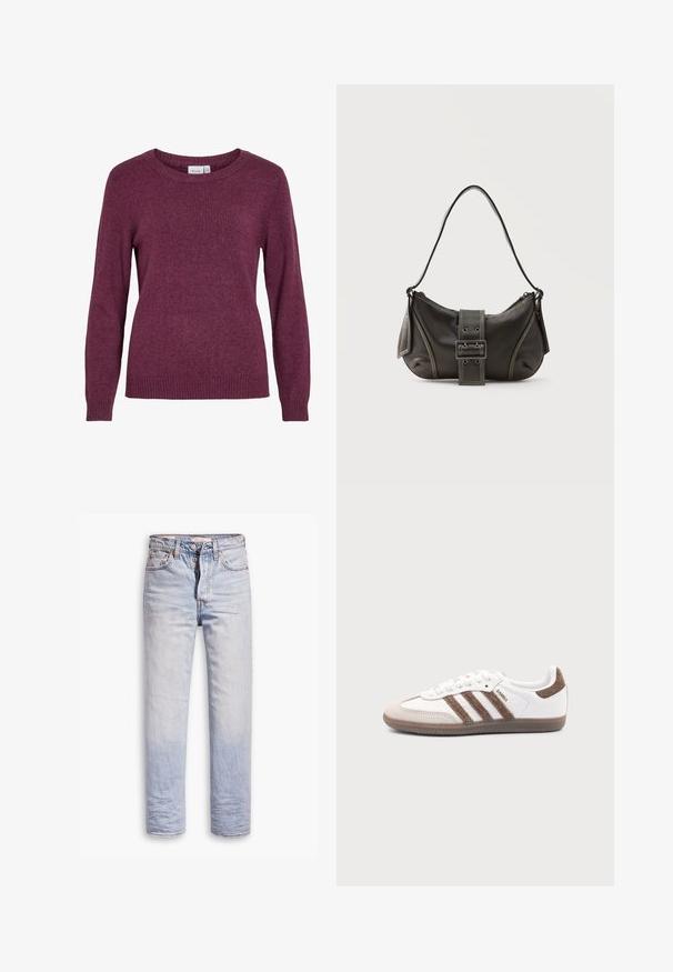 Bordeaux striktrøje med rund halsudskæring, lange ærmer, ribbestrikkede manchetter og nederste kant. Blødt tekstur med et understated, let meleret look.; Lyseblå denimjeans med lige ben, der har en knaplukning, fem lommer og en diskret falmning langs benene.; Hvid Adidas Samba sneaker med brune ruskindstriber, brun gummisål og beige ruskindståhætte, vist fra ydersiden på en ensfarvet baggrund.; Sort læder skuldertaske med spænde på remmen, afrundede kanter og kontrasterende hvide syninger på en ensfarvet baggrund.