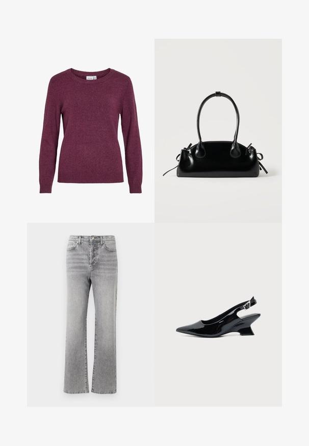 Suéter de punto burdeos con un escote redondeado, mangas largas, puños y dobladillo acanalados. Textura suave con un aspecto sutil y ligeramente jaspeado.; Jeans de mezclilla gris con un diseño de pierna recta, cintura de altura media, estilo de cinco bolsillos y un ligero desgaste para dar textura. Detalles de botón metálico y costuras.; Zapato slingback de cuero charol negro con puntera puntiaguda y tacón bajo en bloque inclinado sobre fondo claro liso.; Pequeño bolso negro brillante con dos asas largas y detalles de cordón lateral sobre un fondo claro liso.