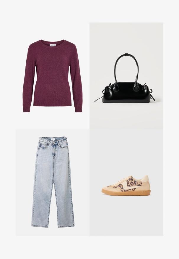 Burgunderfarbener Strickpullover mit rundem Ausschnitt, langen Ärmeln, gerippten Bündchen und Saum. Weicher Textur mit einem subtilen, leicht melierten Erscheinungsbild.; Helle blaue Straight-Leg-Jeans aus Denim, ausgestattet mit zwei vorderen Taschen, einem Knopfverschluss und kontrastierenden Nähten entlang der Säume.; Löwenmuster-Sneaker mit beige Wildleder-Obermaterial, tanfarbener Gummisohle und weißen Akzenten. Runde Zehenform und Schnürdesign mit strukturiertem Finish.; Kleine schwarze glänzende Handtasche mit zwei langen Griffen und seitlichen Kordelzug-Details vor einfachem hellem Hintergrund.