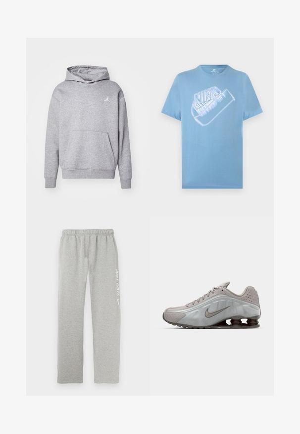 Hall jaht, mis on valmistatud pehmest puuvillasegust, omab känguru taskut, soonikkoes varrukaid ja väikest valget logo rinnal. Lihtne disain.; Helehall sinise lühikeste varrukatega Nike T-särk, millel on suure hõbedase Nike logo ja laubal stiilne valge Swooshi graafika.; Hallid dressipüksid, mis on valmistatud pehmest materjalist, elastse vöökohaga. Ühel jalal on valge "JUST DO IT" tekst ja Nike lööklause logo.; Nike jooksujalats helesinises värvitoonis, sujuva tekstuuri, kaarjate joontega ning tumeda pruuniga nähtavate pehmendavate vedrudega kandade juures.