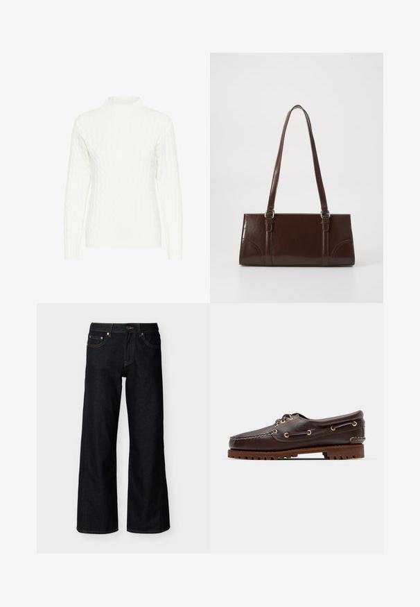 Pull en maille torsadée blanche avec un col montant, des manches longues et un motif texturé. Le tissu semble doux et légèrement extensible.; Jean denim bleu foncé à jambes larges avec bouton frontal, fermeture éclair et style cinq poches sur fond clair uni.; Bateau en cuir marron avec des œillets dorés, des lacets ronds et une semelle en caoutchouc marron texturée. Présente des détails de couture et un logo en relief.; Sac à main en cuir verni marron de forme rectangulaire, avec deux longues poignées et des accents courbés subtils à l'avant.