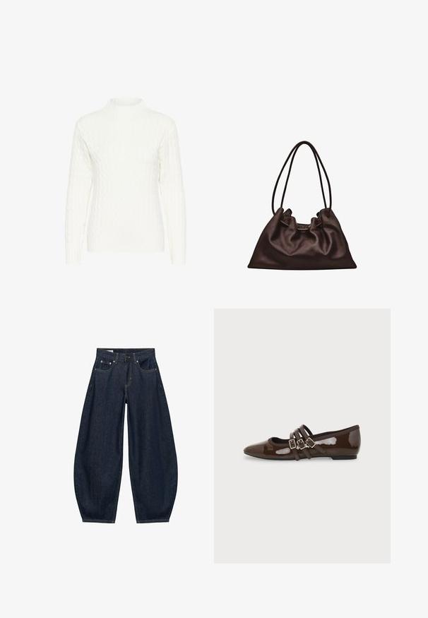 Pull en maille torsadée blanche avec un col montant, des manches longues et un motif texturé. Le tissu semble doux et légèrement extensible.; Jean en denim bleu foncé à jambes larges avec poches avant, passants de ceinture et fermeture par bouton à la taille.; Chaussure plate en cuir verni marron avec bout pointu et trois brides ajustables à boucle sur le côté, vue du profil extérieur.; Sac à main en cuir brun foncé souple avec une forme flasque et deux fines bretelles sur fond blanc.