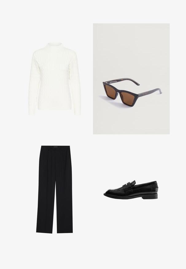 Hvid kabelstrikket sweater med høj hals, lange ærmer og struktureret mønster. Stoffet ser blødt og let strækbart ud.; Sorte bukser med en lige ben-design, der har to forlommer og en talje. Lavet af et glat, let stof.; Sort læderloafer med en blank finish, let spids tå, slip-on design og en lav rektangulær hæl med syningsdetaljer.; Skildpadde-sunglasses med en skarp, vinkelret form. Brune, tonede linser og slanke arme med brandlogoet i hvidt på den ene side.