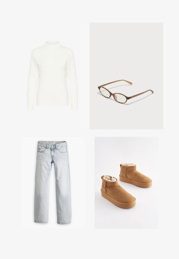 Hvid kabelstrikket sweater med høj hals, lange ærmer og struktureret mønster. Stoffet ser blødt og let strækbart ud.; Lyseblå denimjeans med en afslappet pasform, høj talje og fem-lomme design. Har syning detaljer og knaplukning.; Lysebrune ankelstøvler i ruskind med imiteret pelsforing, flad platformssål og lynlås i siden for nem påtagning. Har rundet tå og minimal syning.; Brune skildpaddemønstrede briller med ovale linser, tynde arme og gennemsigtige accenter. Har et diskret logo på stangen. Slankt, let design.