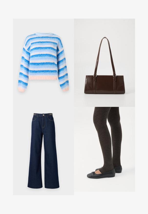 Pull rayé en tissu tricoté doux, avec des rayures horizontales bleues et roses, col rond et manches longues avec poignets et ourlet côtelés.; Des jeans en denim bleu marine à jambes larges présentent une taille haute, des accents en chaîne dorée à la taille, et des détails de couture contrastants tout au long.; Jambes portant des leggings côtelés foncés associés à des ballerines noires avec de petits détails en nœud sur fond blanc.; Sac à main en cuir verni marron de forme rectangulaire, avec deux longues poignées et des accents courbés subtils à l'avant.