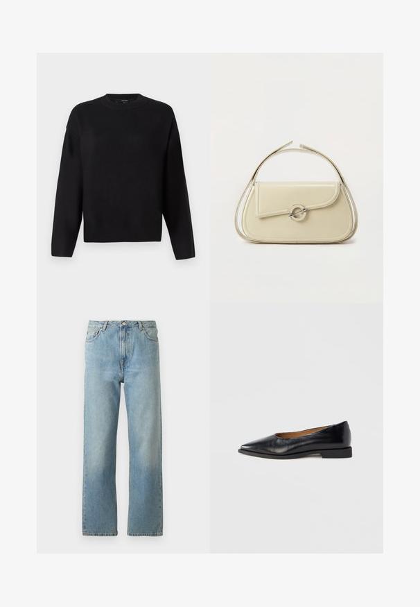 Sort striktrøje med rund halsudskæring, sænkede skuldre og ribbede manchetter. Glat tekstur og en afslappet, boxy pasform.; Lyseblå denimjeans med lige ben, der har en fem-lomme stil og en knaplukning i taljen.; Sort læder flad sko med spids tå og lav firkantet hæl. Glat tekstur, minimalistisk design og uden synlige beslag eller mønstre.; Cremefarvet læderhåndtaske med buet klap, cirkulært sølvspænde og kort topstrop på en ens hvid baggrund.