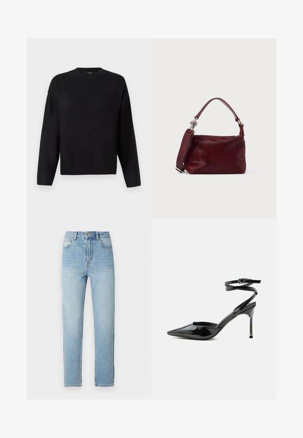 Sort striktrøje med rund halsudskæring, sænkede skuldre og ribbede manchetter. Glat tekstur og en afslappet, boxy pasform.; Lyseblå denimjeans med lige ben, fem-lomme-design, metalknaplukning og diskrete slidningsdetaljer foran.; Sort laklæder spids tå stilet hæl med tynde ankremme og lille spænde.; Lille rektangulær burgunderfarvet håndtaske med tekstureret finish, kort hank og aftagelig skulderrem på en ensartet lys baggrund.