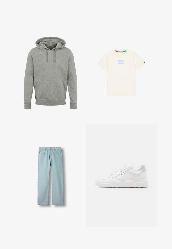 Sweat à capuche gris avec poche avant, capuche à cordon et petit logo blanc sur le côté gauche de la poitrine, présenté sur un fond blanc uni.; T-shirt en coton couleur crème à manches courtes, présentant un logo carré bleu clair avec la mention "ALPHA INDUSTRIES" en impression douce.; Jean en denim bleu clair à jambes droites, avec poches avant, passants de ceinture et fermeture par bouton sur fond blanc.; Des baskets en cuir blanc avec une finition lisse, un bout rond, des lacets plats et une semelle texturée. Accents en daim gris au niveau du talon.