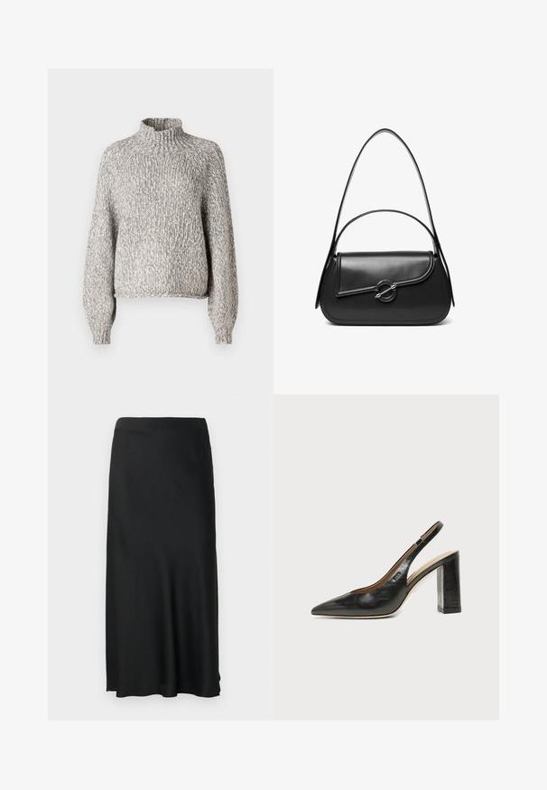 Suéter de punto gris claro con un cuello alto, corte oversized y mangas largas. La tela texturizada presenta un patrón sutil y variado.; Falda midi negra con textura suave, que cuenta con una abertura lateral en la izquierda y una cinturilla elástica, ofreciendo un diseño sencillo y clásico.; Zapato slingback de piel negra con puntera puntiaguda, tacón alto y ancho, y forro interior beige sobre un fondo claro y liso.; Bolso de hombro de cuero negro con una solapa curva asegurada por un broche metálico redondo y una correa delgada y ajustable.