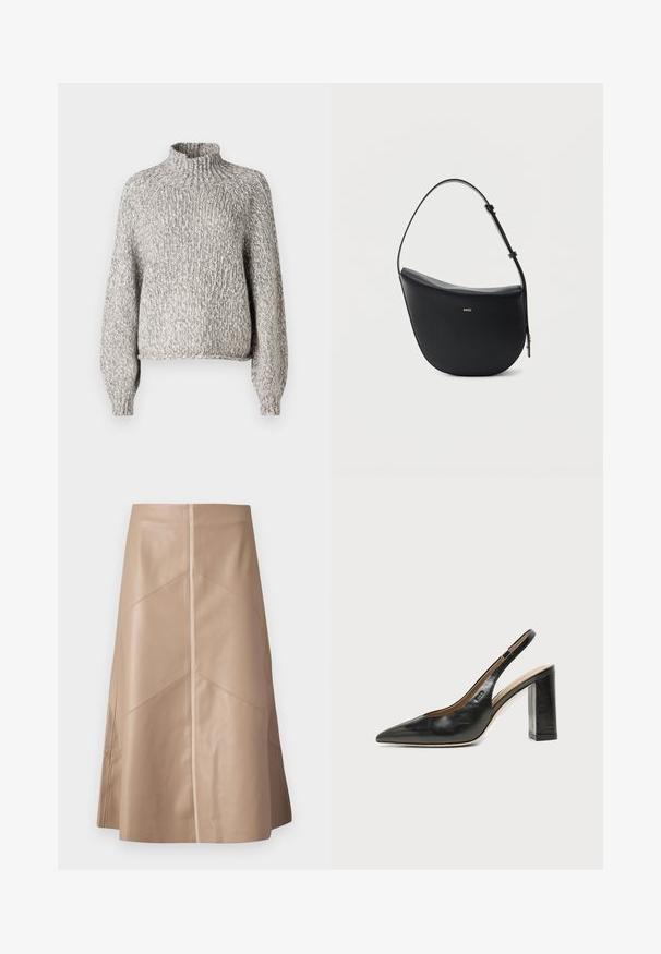 Lys grå strikket sweater med høj krave, oversized pasform og lange ærmer. Det teksturerede stof har et subtilt, varieret mønster.; Beige faux læder A-line nederdel med diskrete paneldetaljer og en glat mat overflade, knælang og højliv.; Sort læder peep-toe slingback sko med høj blokhæl og beige indvendig foring mod en ensfarvet lys baggrund.; Sort halv-måne skuldertaske i læder med justerbar rem og guld "BOSS"-logo centreret foran.