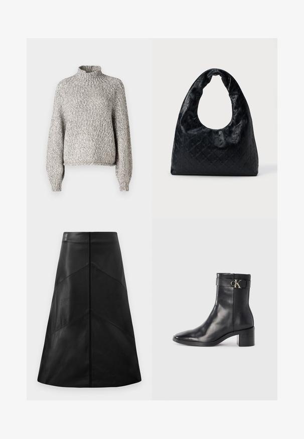 Pull en tricot gris clair avec un col montant, coupe oversize et manches longues. Le tissu texturé présente un motif subtil et varié.; Jupe en cuir noir en forme A avec une texture lisse, arborant des motifs de coutures géométriques et une fermeture éclair dissimulée à l'arrière.; Botte de cheville en cuir noir avec un bout pointu, un talon carré et une sangle avec un détail de logo métallique. Texture lisse et design minimaliste.; Sac à main en cuir noir avec une forme structurée et arrondie, présentant une grande poignée en forme de demi-lune découpée et un motif en diamant texturé.