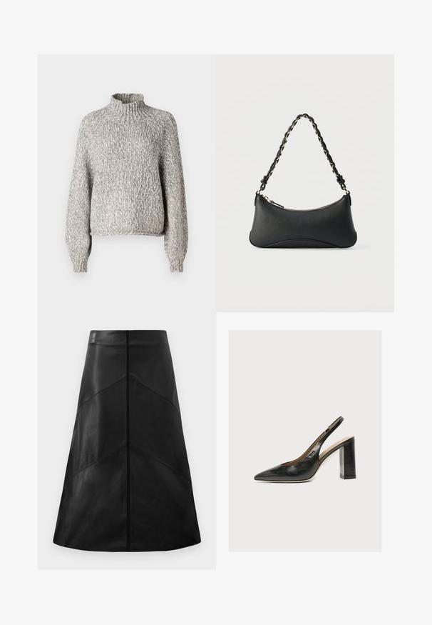 Suéter de punto gris claro con un cuello alto, corte oversized y mangas largas. La tela texturizada presenta un patrón sutil y variado.; Falda negra de cuero en línea A con una textura suave, que presenta patrones de costura geométricos y un cierre oculto en la parte posterior.; Zapato de mujer slingback de piel negra con puntera puntiaguda y tacón alto grueso de bloque sobre fondo blanco.; Bolso de hombro de cuero negro con forma rectangular curvada, cadena dorada entrelazada en una correa negra trenzada y cierre superior con cremallera.