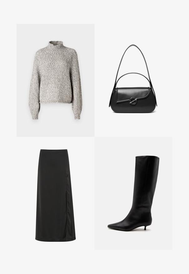 Lys grå strikket sweater med høj krave, oversized pasform og lange ærmer. Det teksturerede stof har et subtilt, varieret mønster.; Sort midi-nederdel lavet af glat stof, med en sideslids og en struktureret talje. Simpelt, elegant design uden synlige mønstre eller accenter.; Sort læder knæhøj støvle med spids snude og lav kittenhæl mod en ensfarvet lys baggrund.; Sort skuldertaske i læder med en buet klap, der er fastgjort med en rund metal spænde, og en slank, justerbar rem.