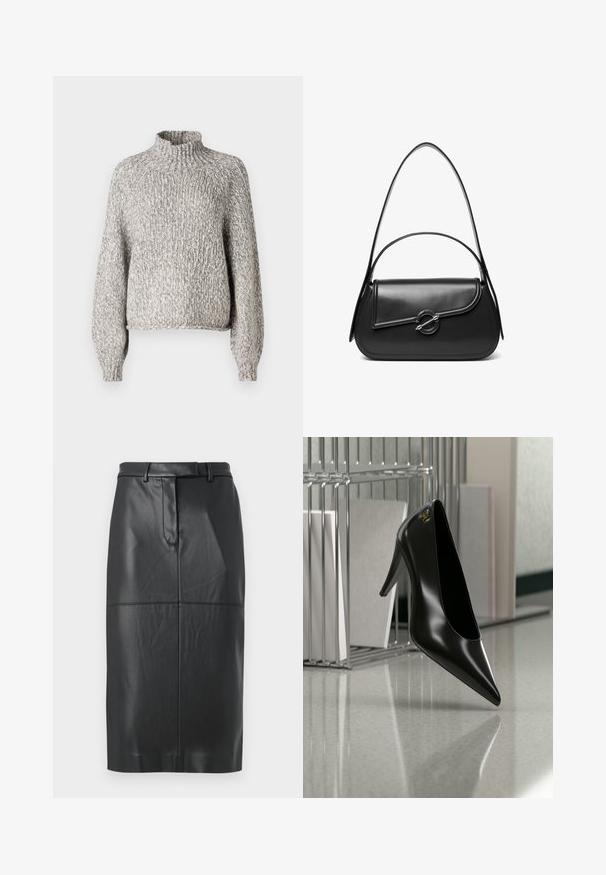 Suéter de punto gris claro con un cuello alto, corte oversized y mangas largas. La tela texturizada presenta un patrón sutil y variado.; Falda lápiz de piel sintética negra con presillas para cinturón, costura frontal y cierre oculto, de longitud hasta la rodilla y con un acabado suave.; Zapato de tacón alto negro con punta afilada y logo dorado, colocado sobre una superficie reflectante cerca de un organizador de archivos de alambre cromado con documentos.; Bolso de hombro de cuero negro con una solapa curva asegurada por un broche metálico redondo y una correa delgada y ajustable.